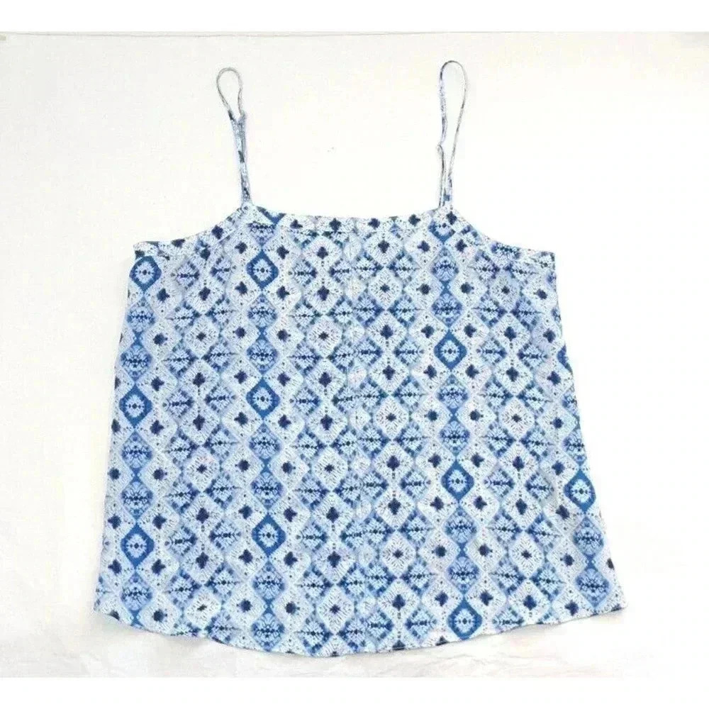 Rory Beca Blue White Ikat 100% Silk Tank Top Size Small Square Neck Sleeveless